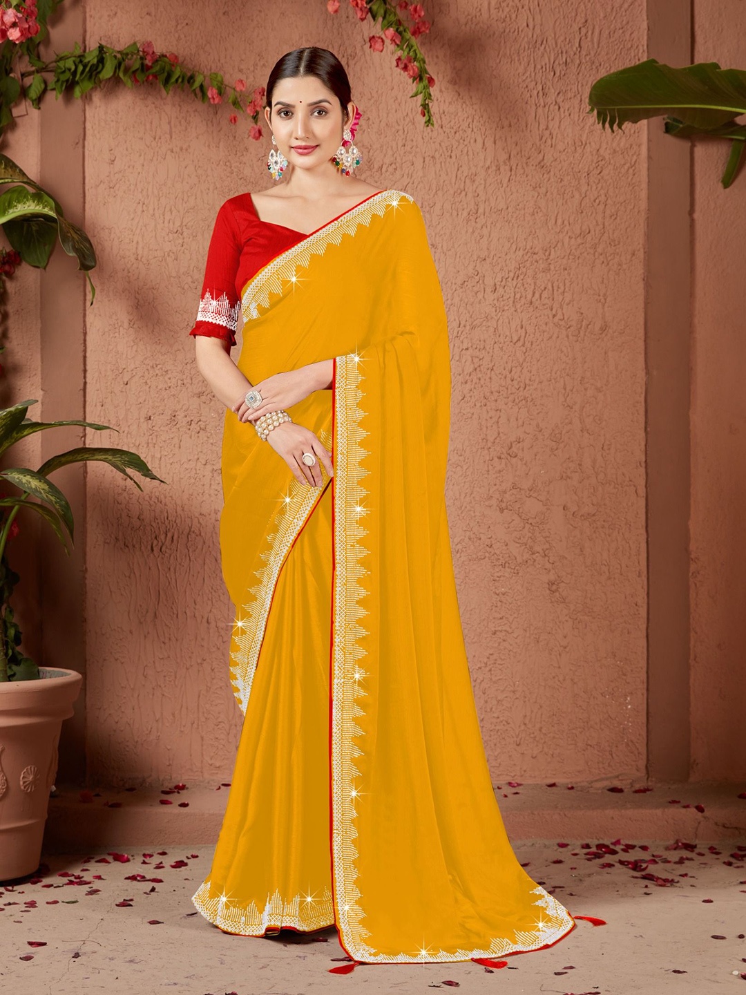 

KEERAT FASHION Embellished Beads and Stones Saree, Yellow