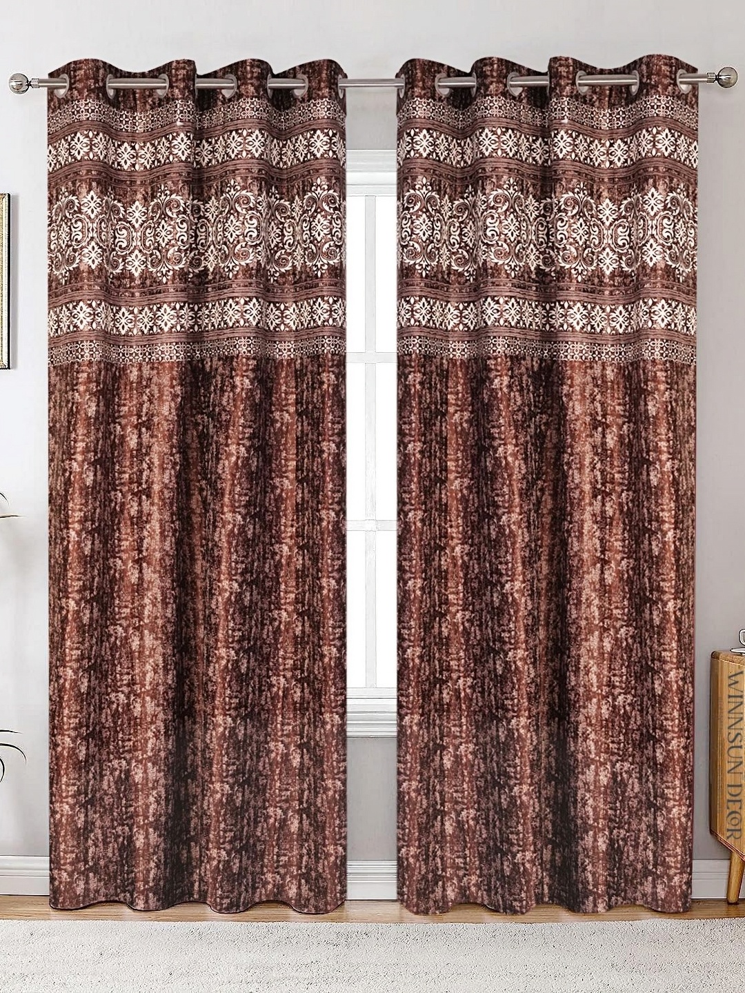 

Winnsun Brown & White 2 Pieces Floral Printed Room Darkening Door Curtains