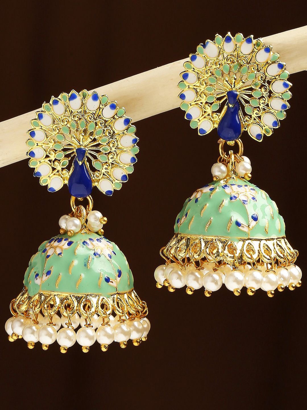 

Anouk Artificial Stones Studded and Beaded Peacock Design Meenakari Dome Shaped Jhumkas, Gold