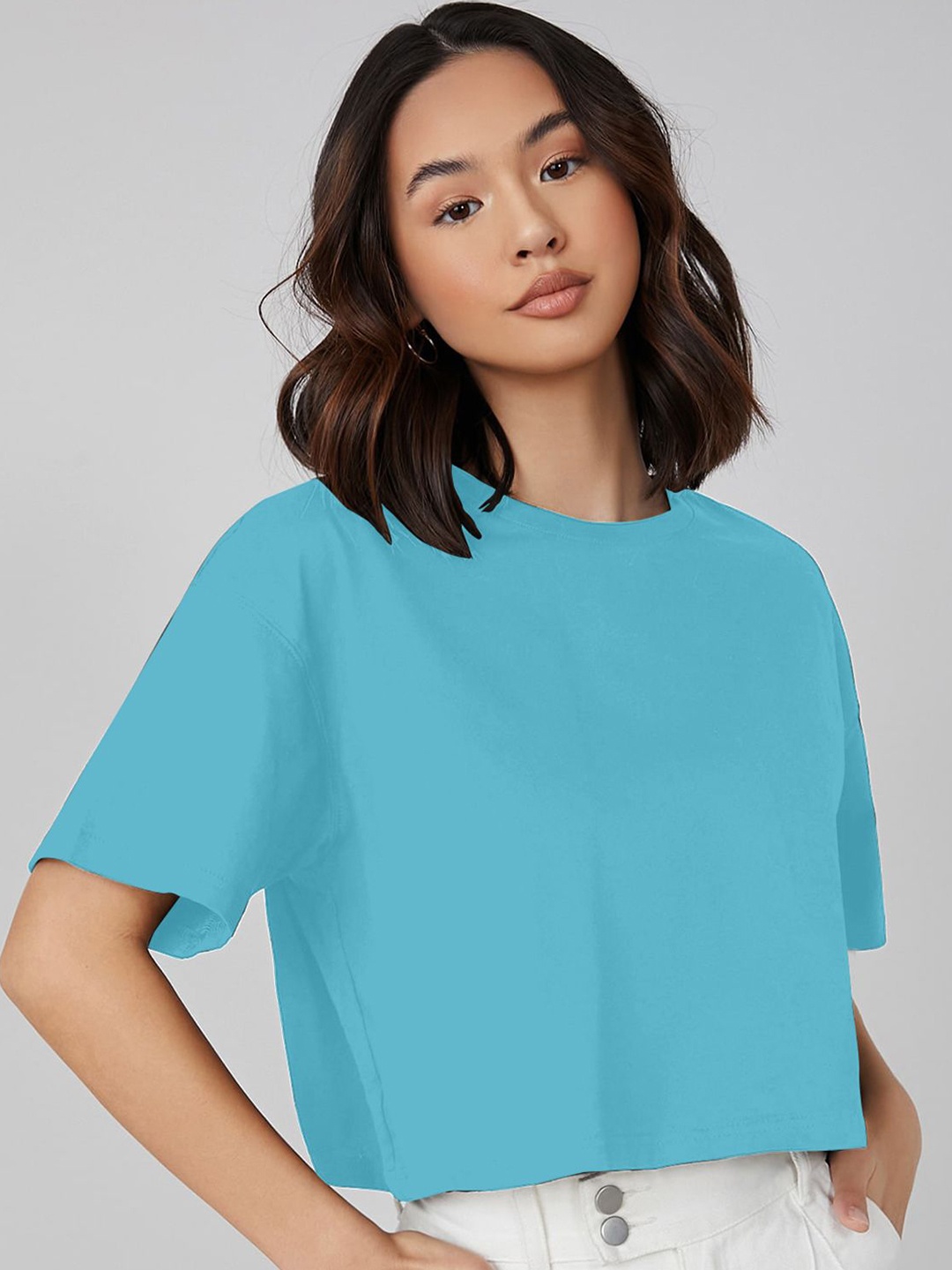 

CORSICA Women Solid Extended Sleeves Cotton Boxy Crop Top, Turquoise blue