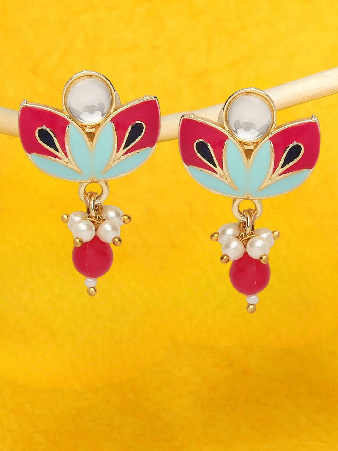 

Anouk Kundan Studded & Beaded Contemporary Shaped Meenakari Drop Earrings, Pink