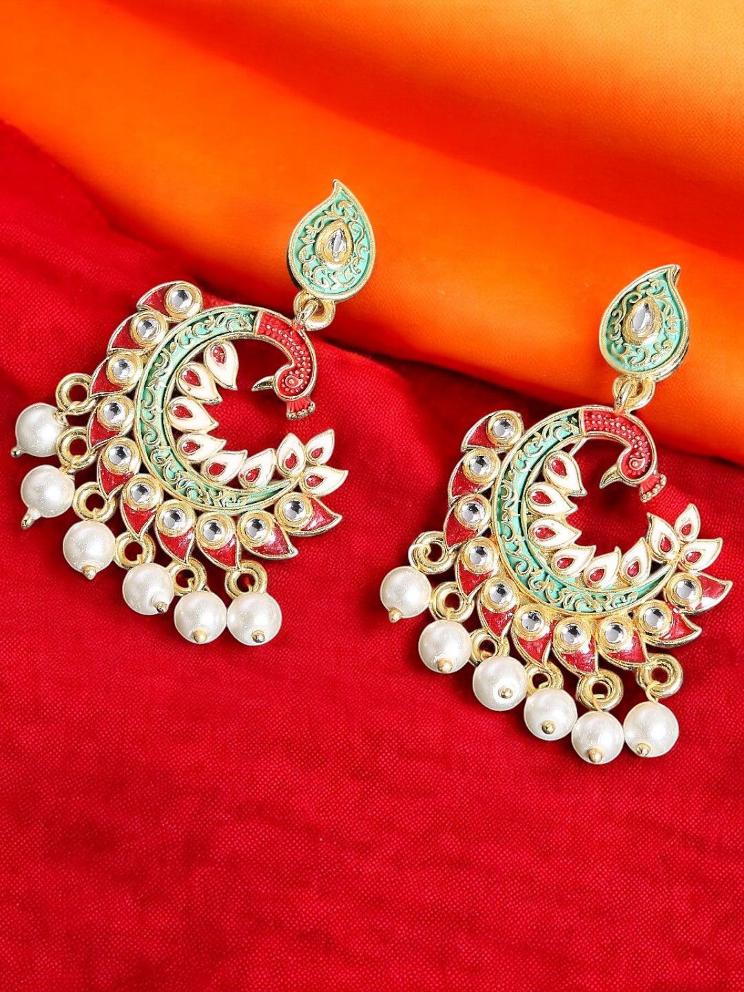 

Anouk Meenakari Kundan Studded Peacock Shaped Drop Earrings, Red