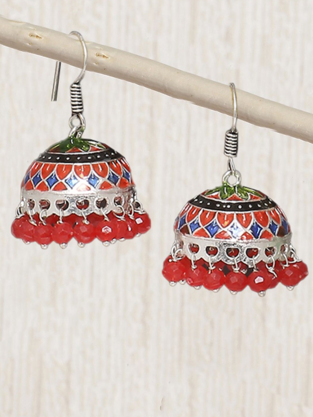

Sangria Artificial Beaded Dome Shaped Oxidised Meenakari Jhumkas, Silver