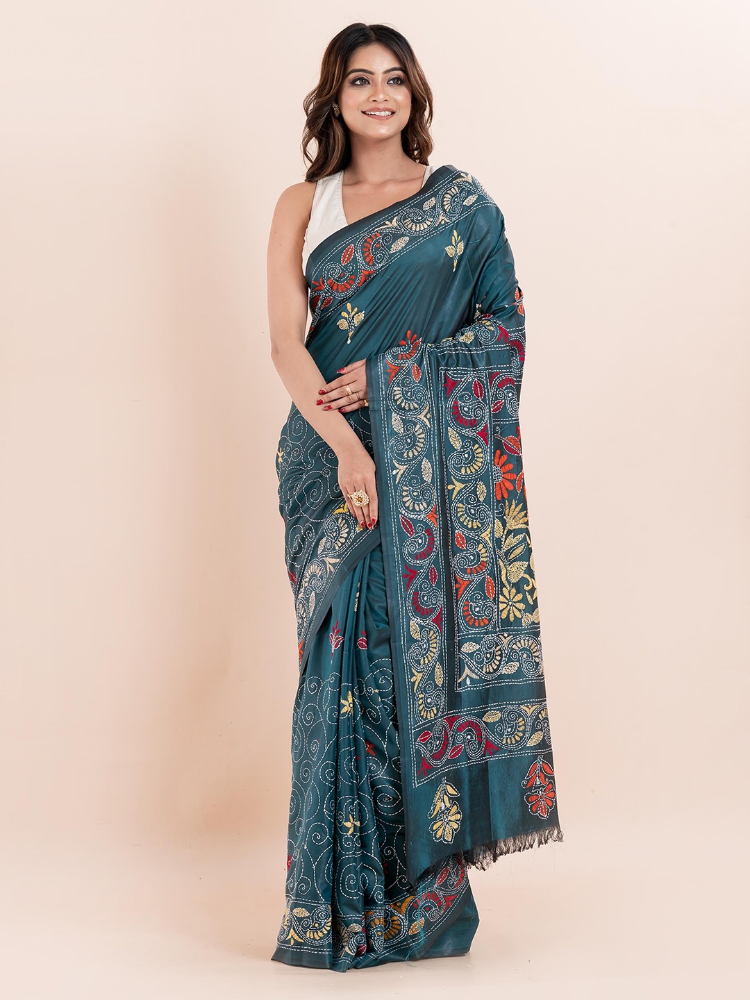 

PUKU Ethnic Motifs Kantha Work Saree, Teal