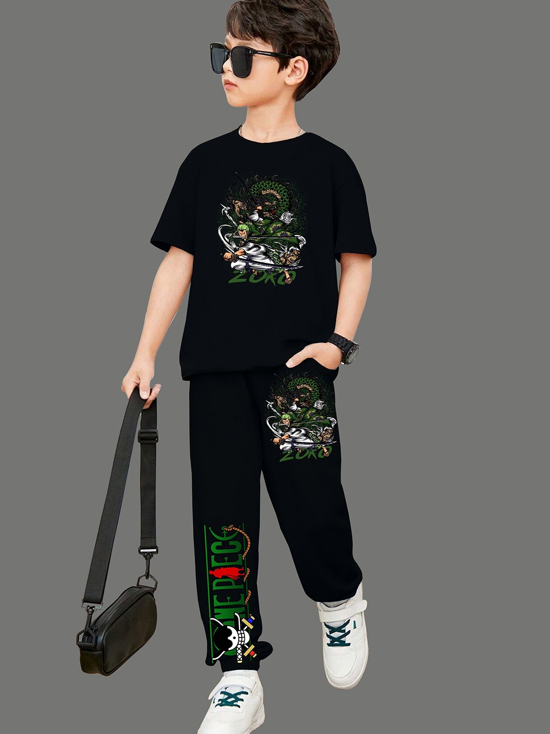 

MODARUE Boys One Piece Zoro Anime Printed Round Neck T-Shirt With Jogger, Black