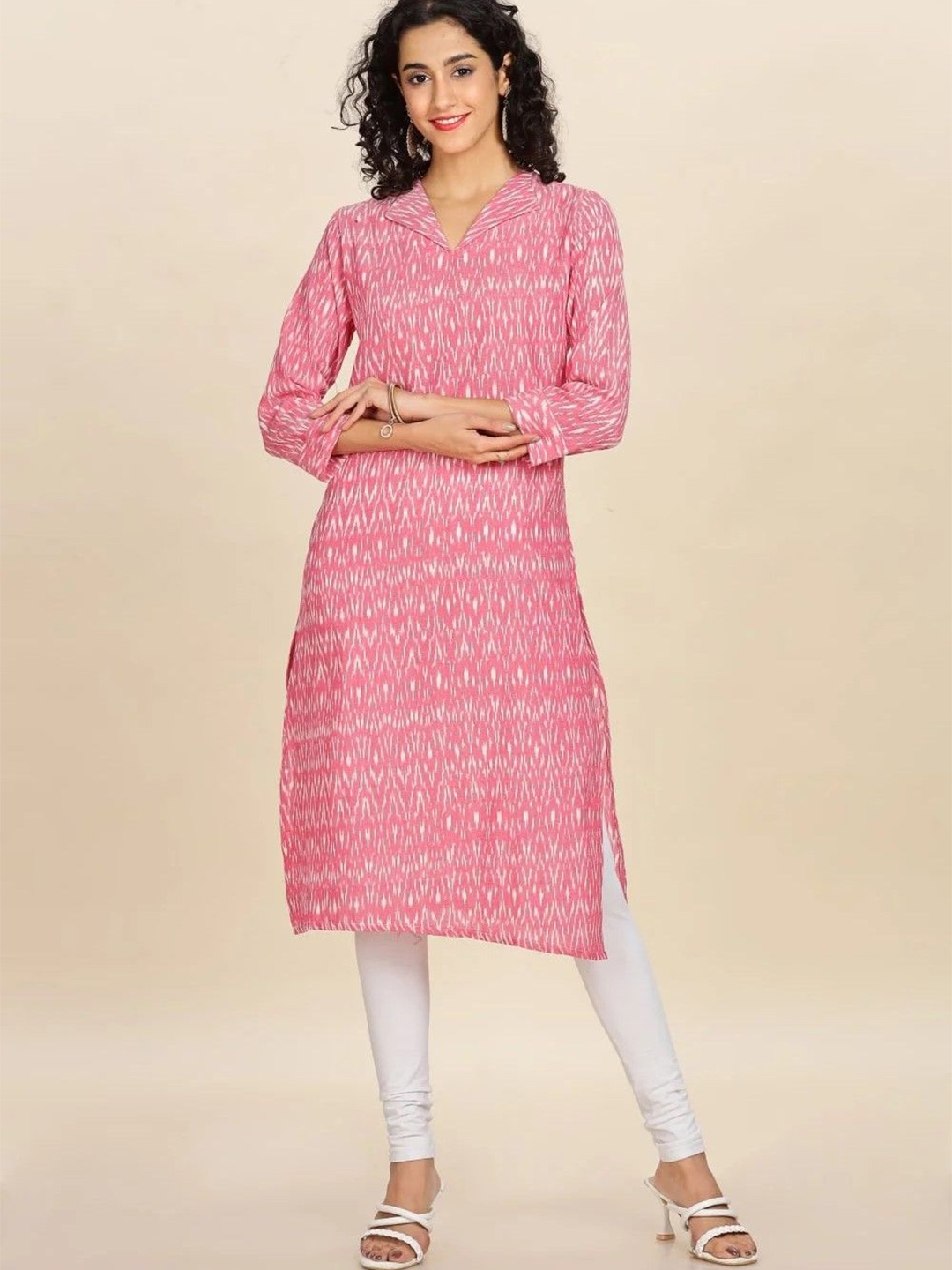 

Girly Colours Abstract Printed V-Neck Pure Cotton Straight Kurta, Pink