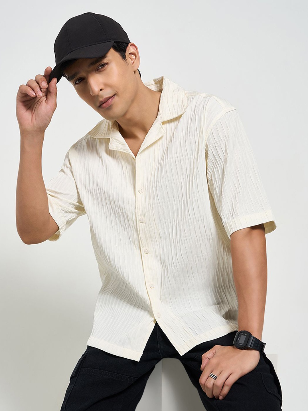 

People Men Boxy Opaque Casual Shirt, Off white