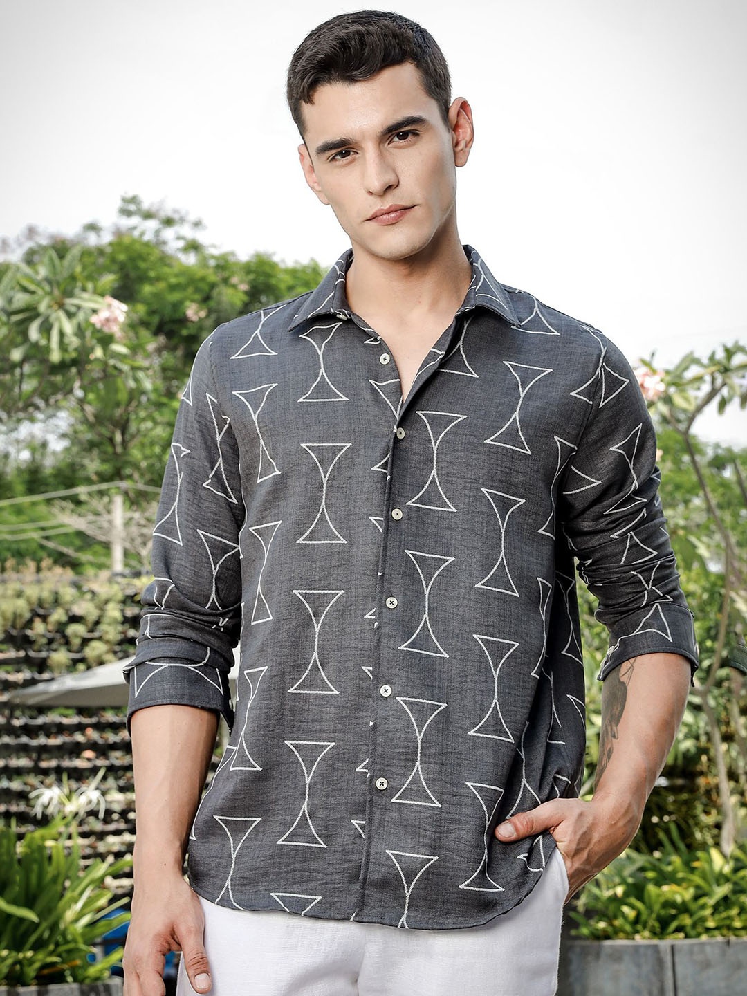 

Thomas Scott Men Smart Slim Fit Opaque Printed Casual Shirt, Charcoal