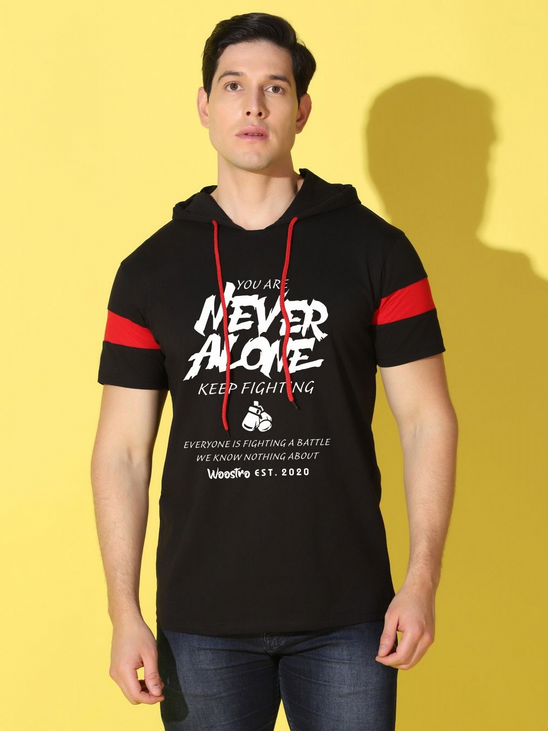 

WOOSTRO Men Typography Printed Hooded Slim Fit T-shirt, Black
