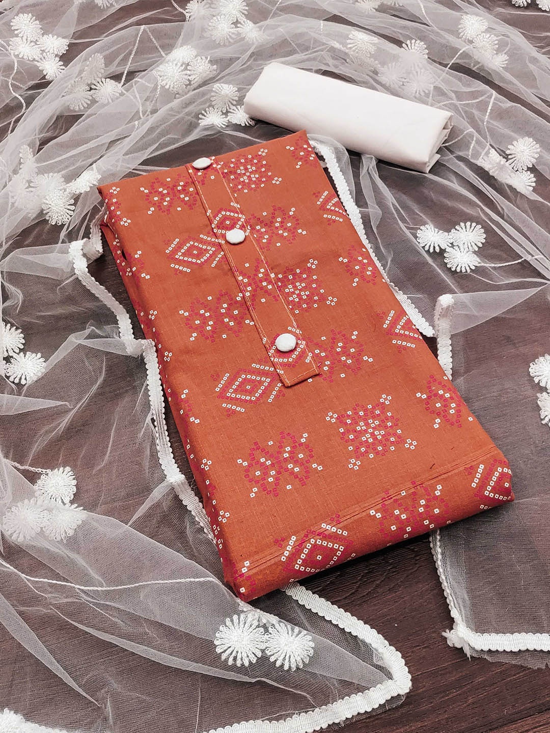 

SHADOW & SAINING Bandhani Printed Unstitched Dress Material, Peach
