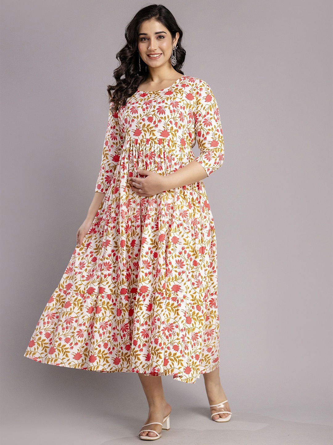 

DEVEK Floral Print Maternity Fit & Flare Tiered Maxi Dress, Yellow