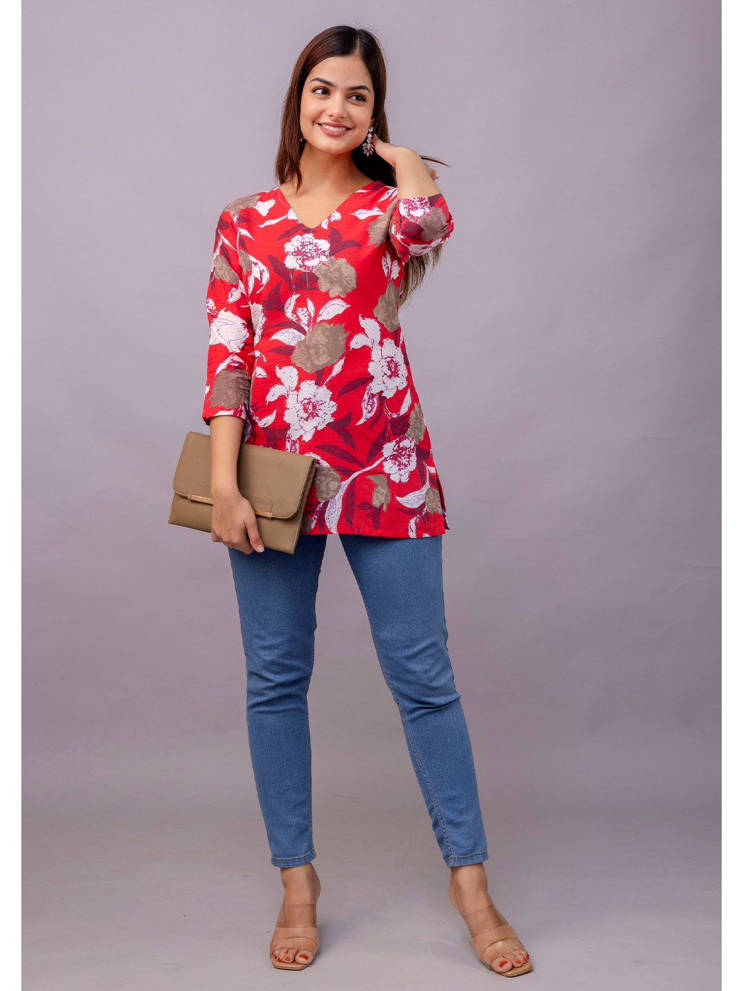 

Mialo fashion Women Floral Printed V-Neck Pure Cotton Kurti, Red
