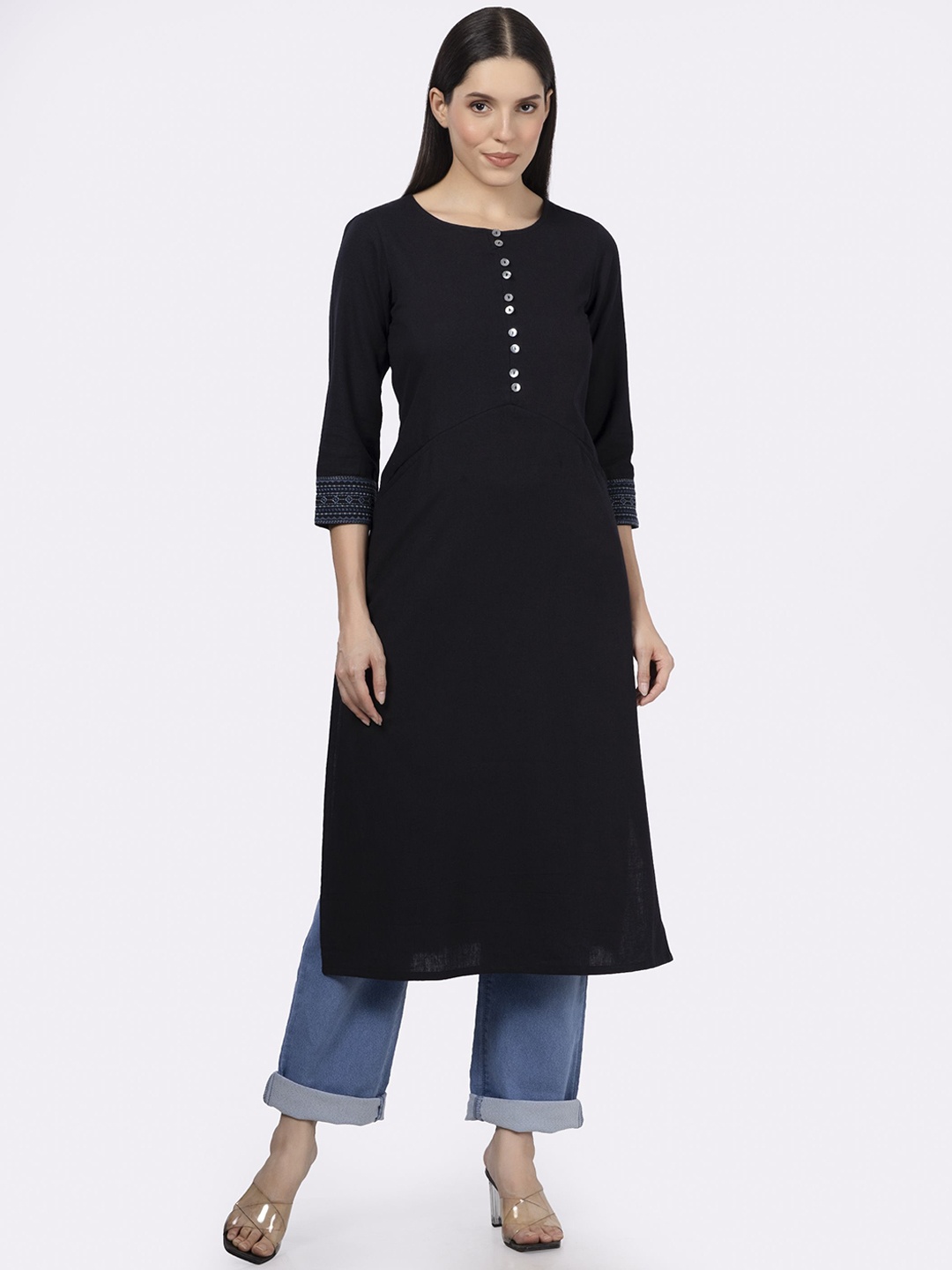 

Saffron Threads Cotton Round Neck Straight Kurta, Black