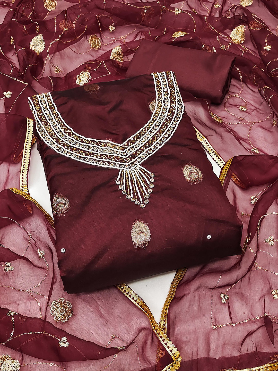 

SHADOW & SAINING Floral Woven Design Beads and Stones Organza Unstitched Dress Material, Maroon
