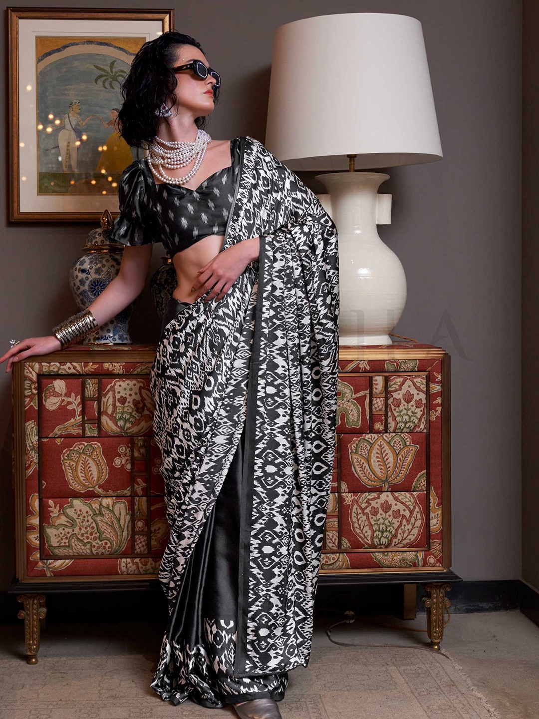 

Vardha Printed Satin Patola Saree, Black