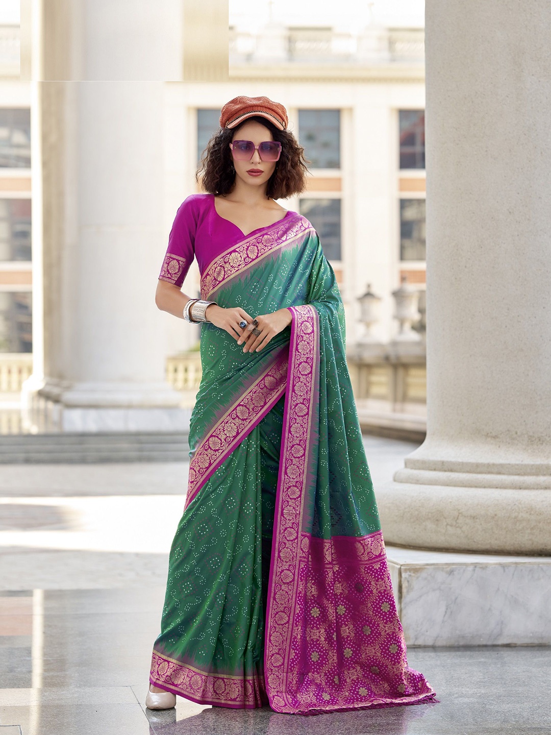 

MAHALASA Bandhani Printed Zari Pure Silk Banarasi Saree, Green