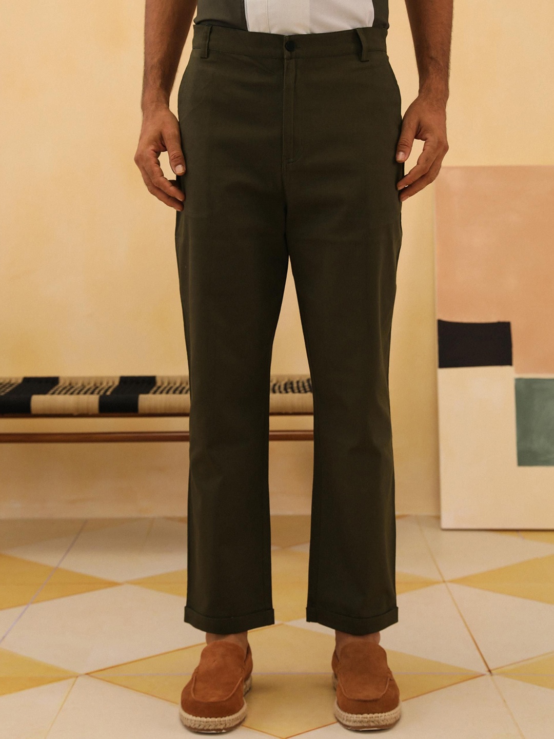 

PRIMAL GRAY Men Cotton Easy Wash Chinos Trousers, Olive