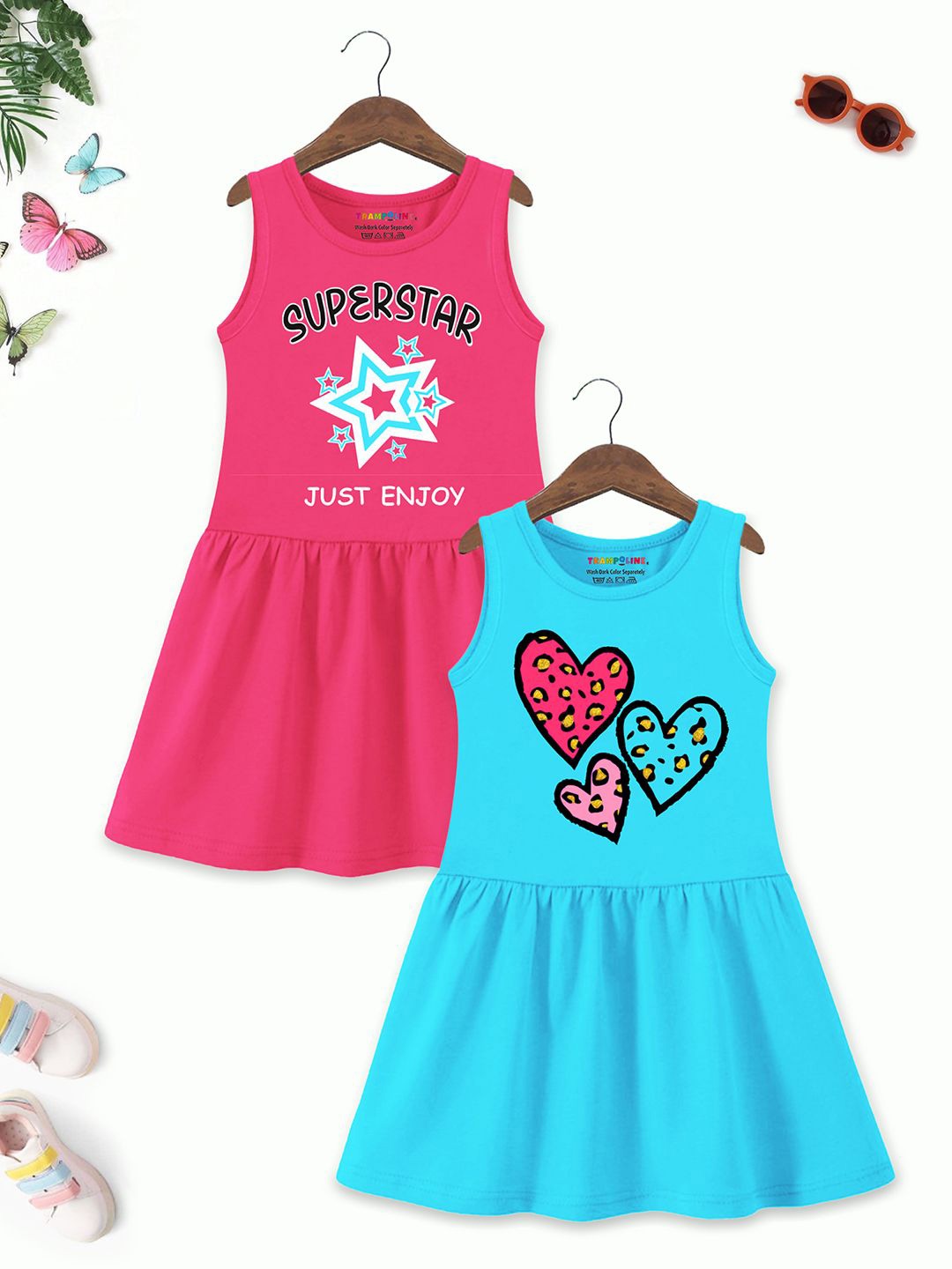 

YK X Trampoline Pack Of 2 Girls Printed Round Neck Fit and Flare Dress, Pink