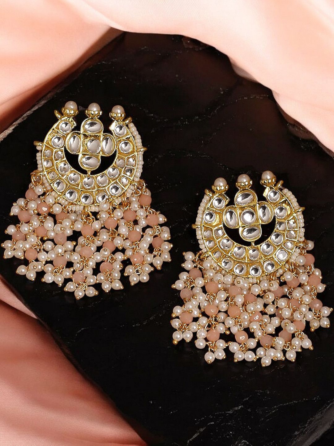 

Anouk Kundan Studded & Beaded Contemporary Shaped Drop Earrings, Peach