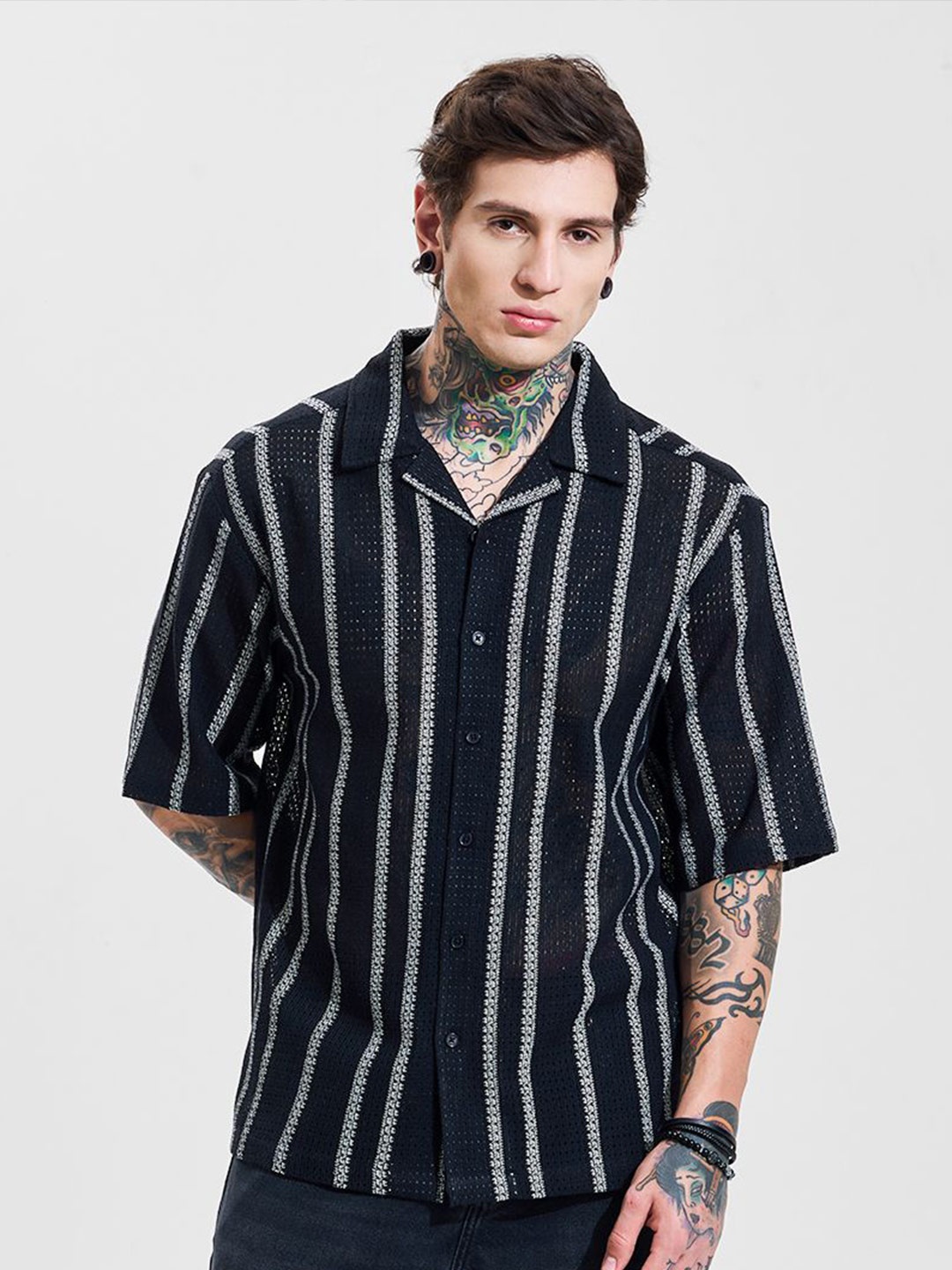 

Snitch Men Semi Sheer Striped Casual Shirt, Black
