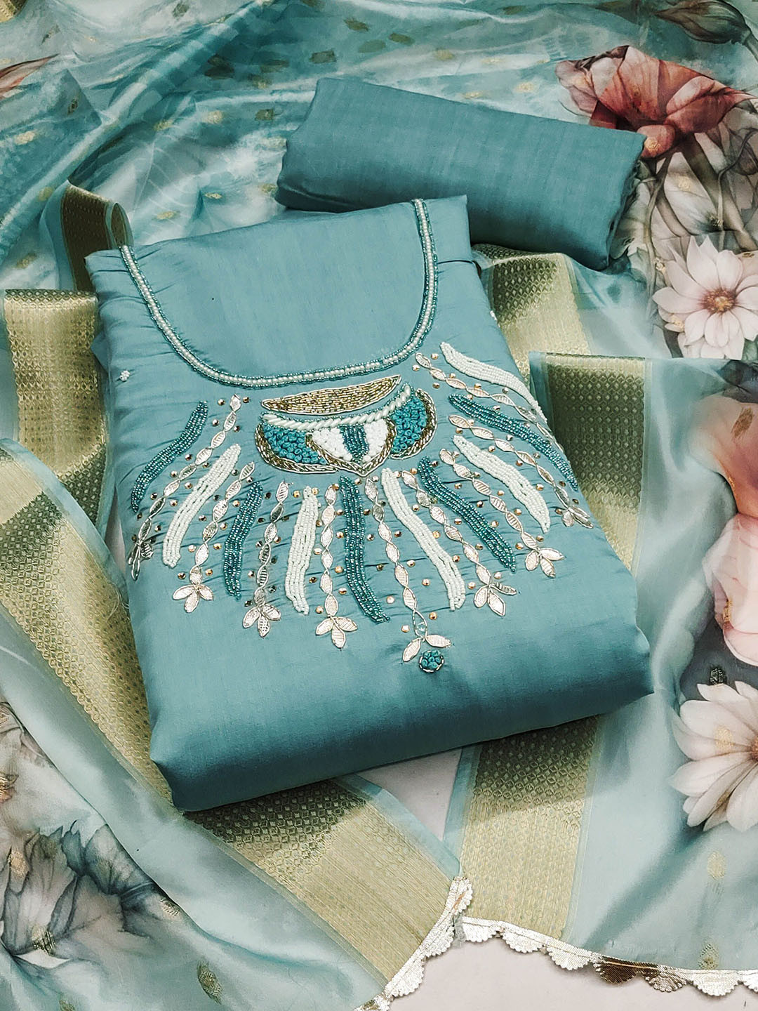 

SHADOW & SAINING Floral Embroidered Beads and Stones Pure Silk Unstitched Dress Material, Sea green