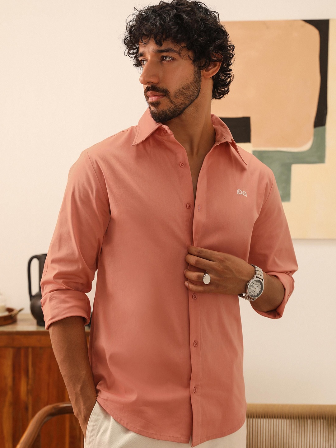

PRIMAL GRAY Men Spread Collar Solid Cotton Casual Shirt, Coral