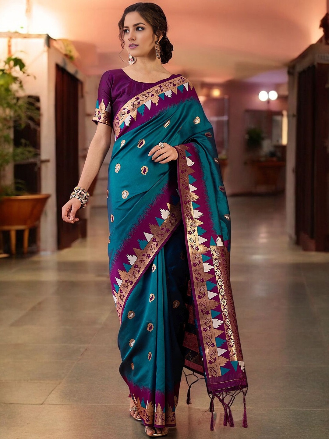 

KIMISHA Woven Design Zari Silk Blend Kanjeevaram Saree, Teal