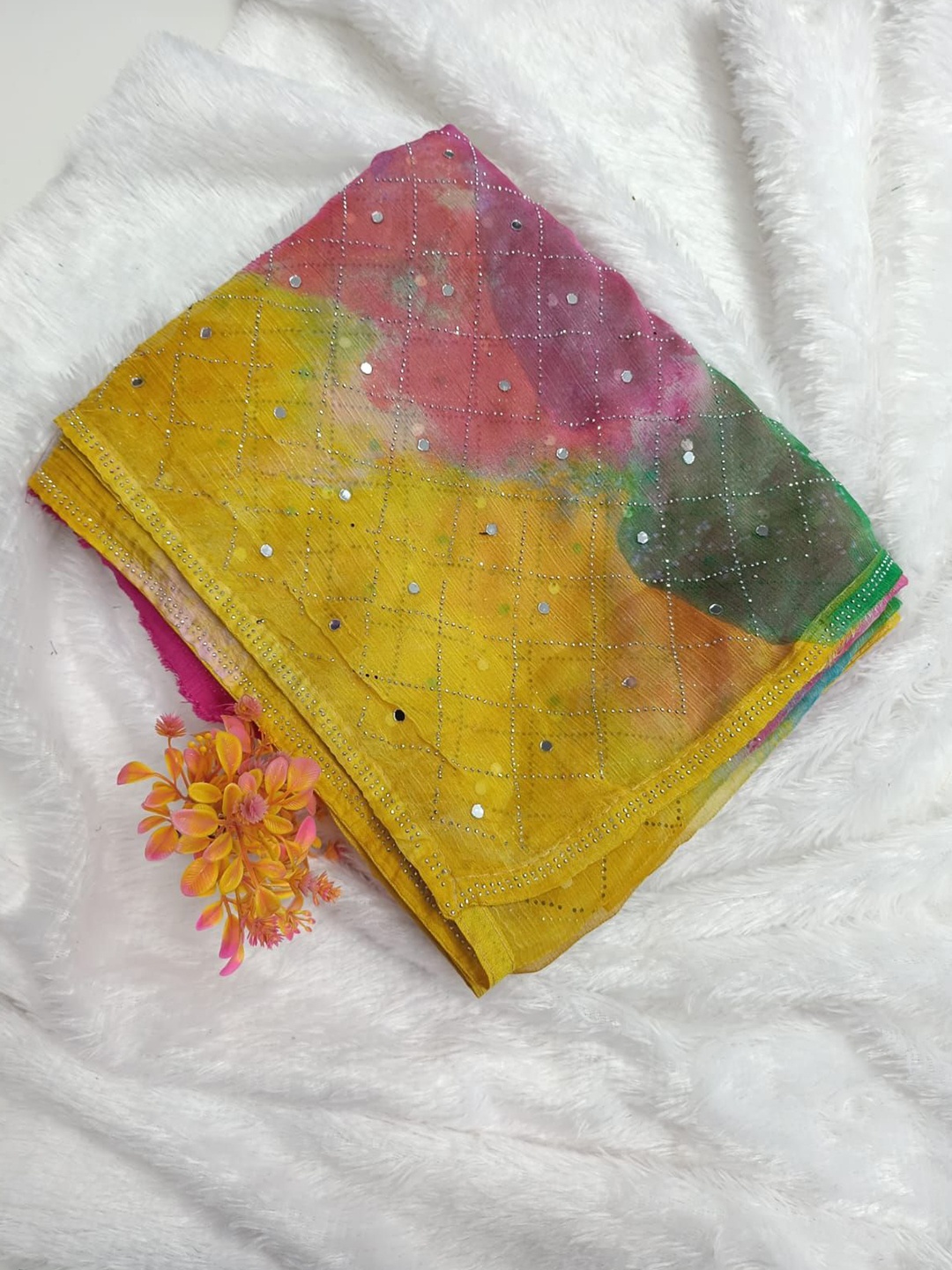 

MANSUBHA Tie and Dye Beads and Stones Supernet Banarasi Saree, Blue