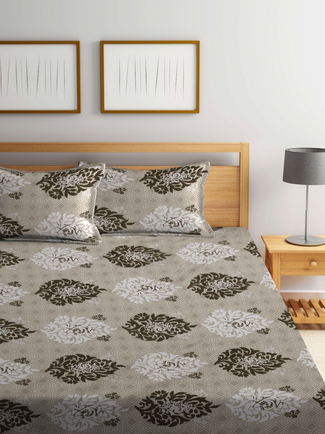 

Myntra Elegant Homes Grey Printed 300 TC Fitted King Double Bedsheet Set 2.50m x 2.25m