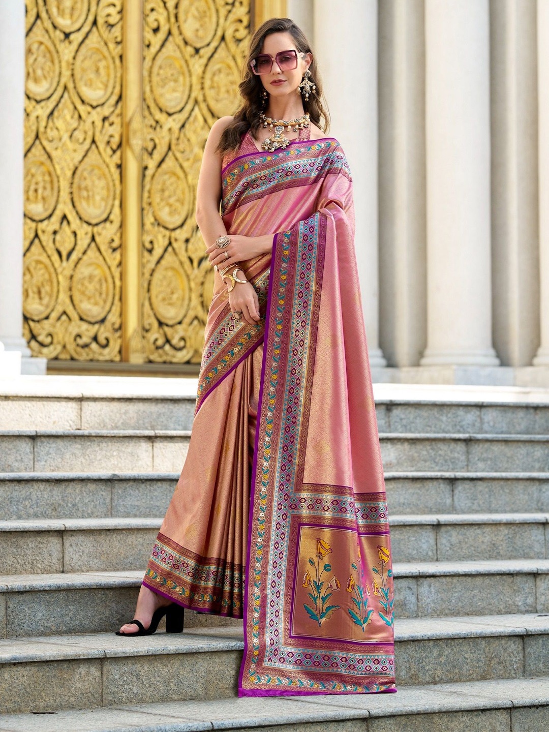 

MAHALASA Ethnic Motifs Zari Pure Silk Banarasi Saree, Pink