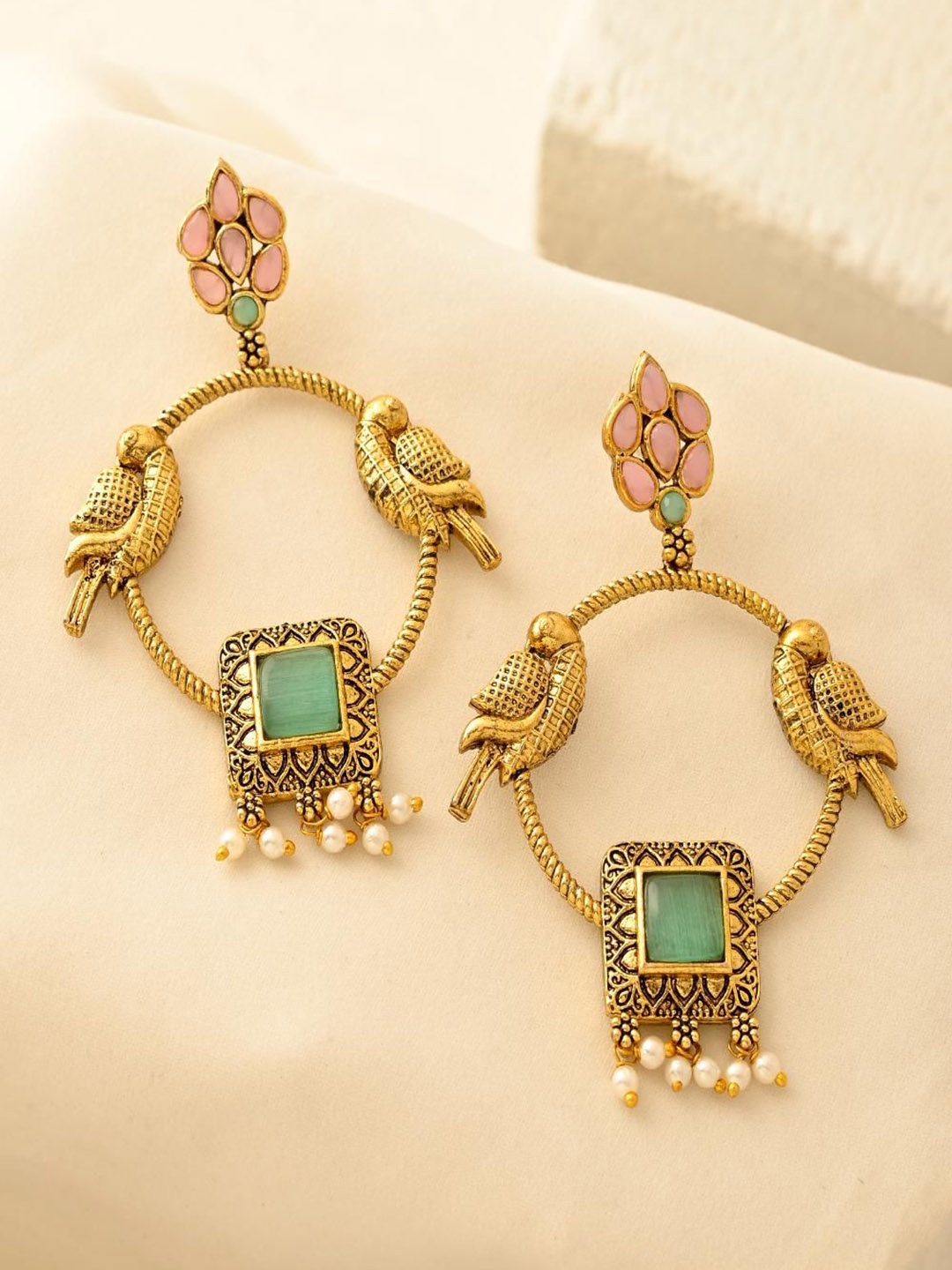 

DASTOOR Gold-Plated Artificial Stones Studded and Beaded Circular Drop Earrings