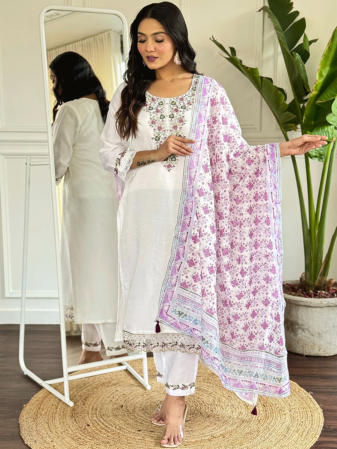 

Growdamy Floral Yoke Design Sequinned Chanderi Silk Straight Kurta with Trousers & Dupatta, White