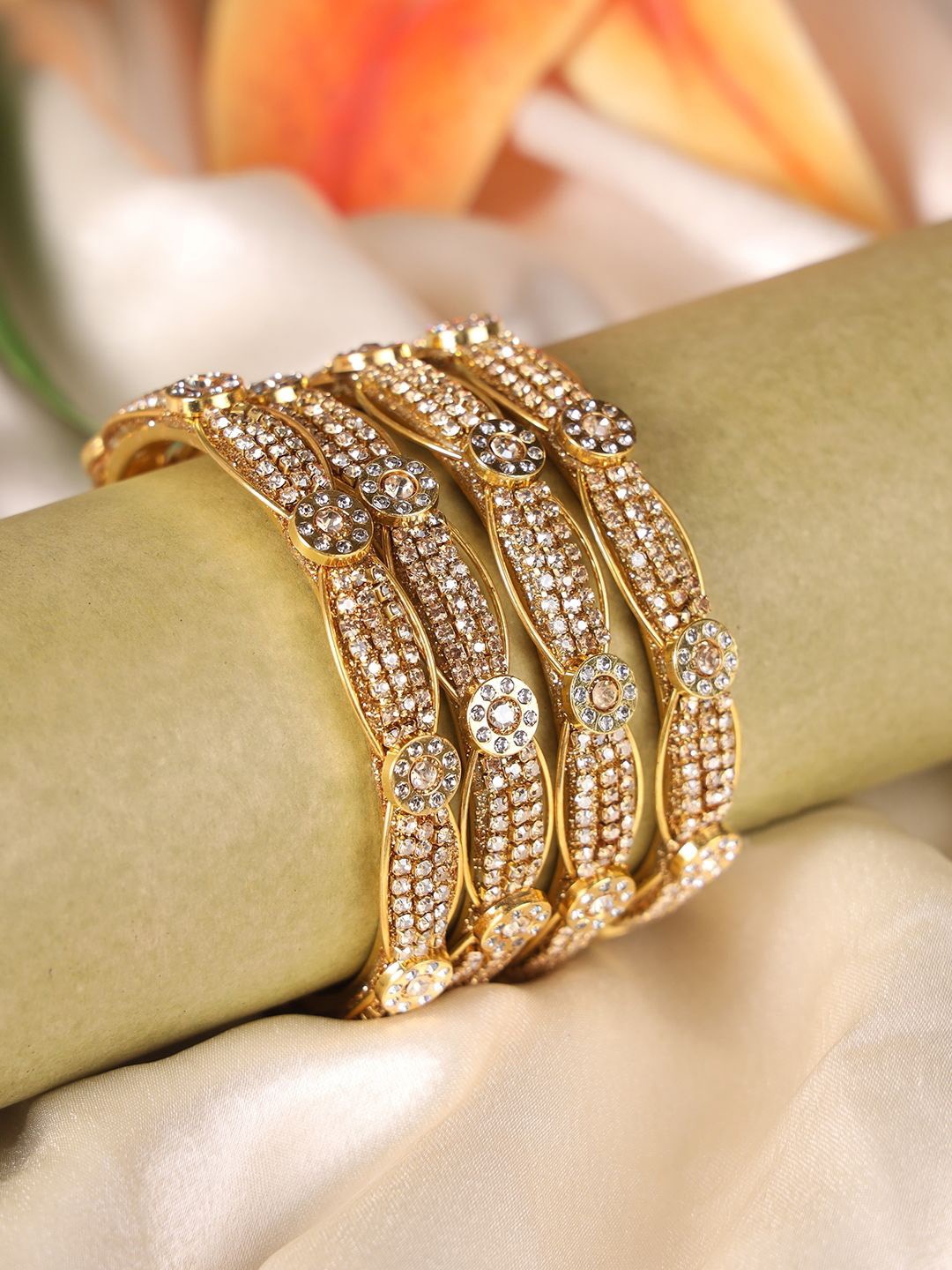 

ZULKA Set Of 4 Gold-Plated American Diamond Studded Bangles