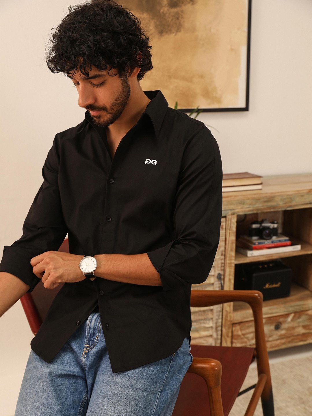 

PRIMAL GRAY Men Relaxed Fit Spread Collar Solid Cotton Casual Shirt, Black
