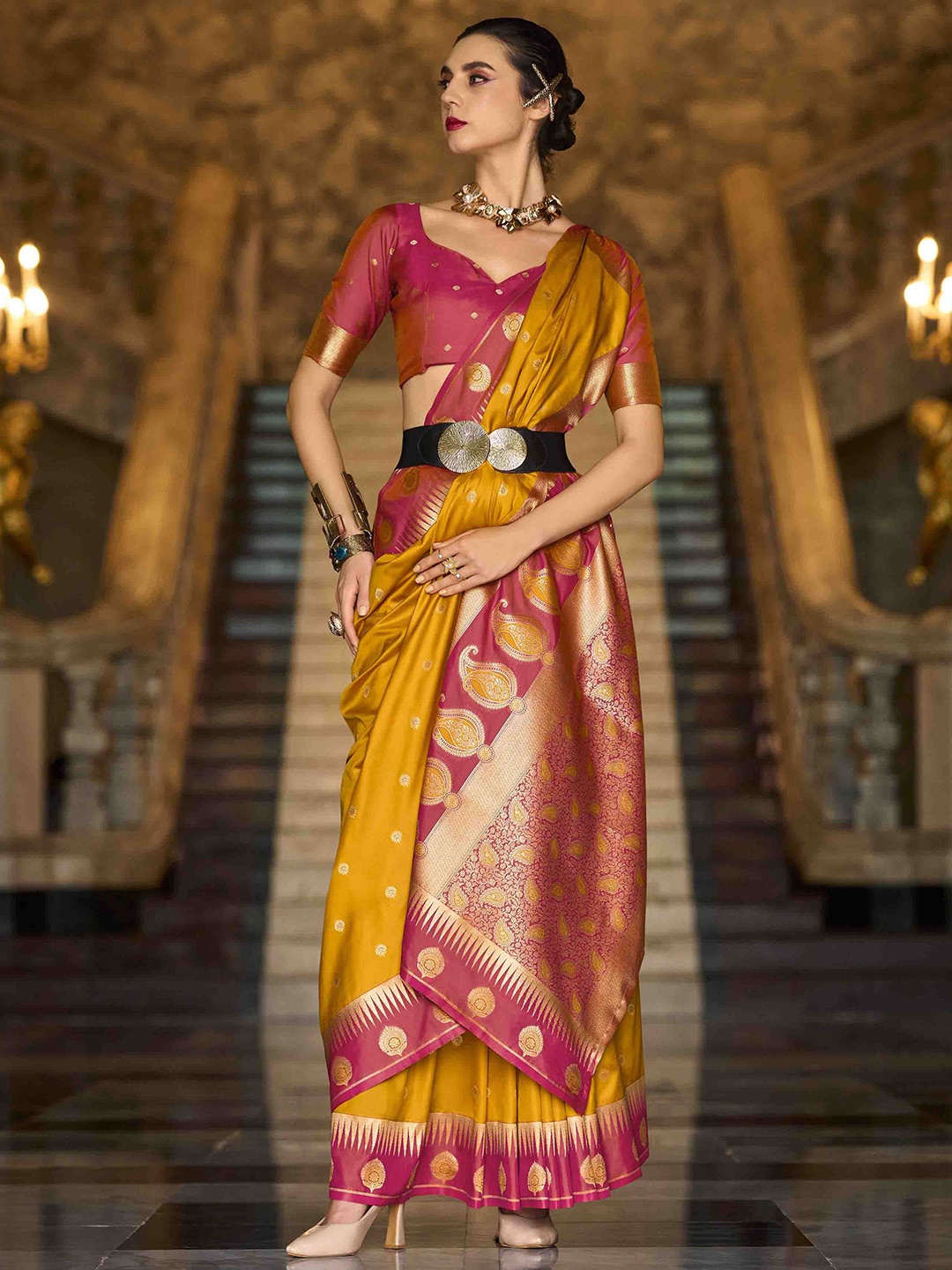 

Mitera Ethnic Motifs Woven Design Zari Saree, Mustard