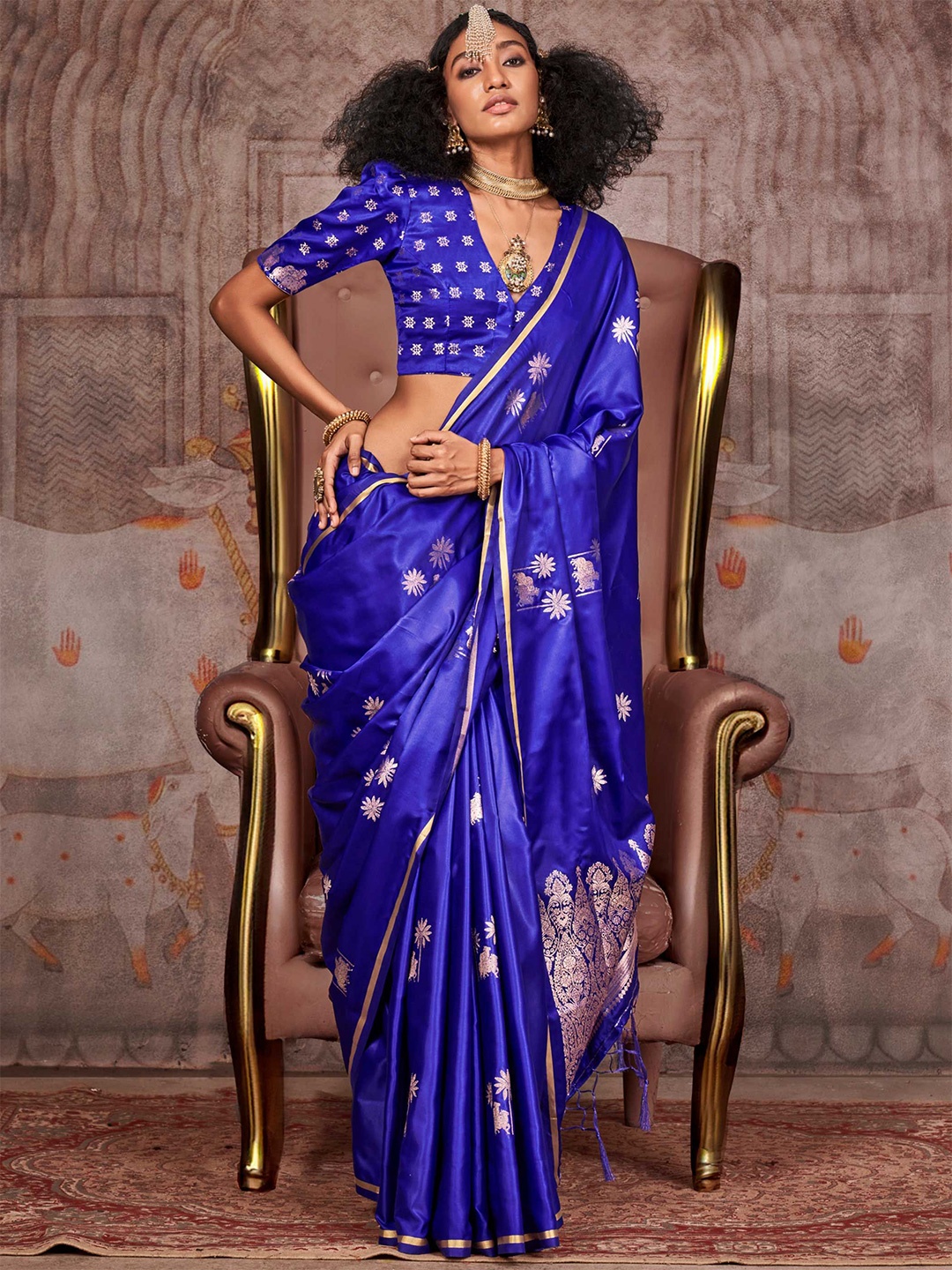 

Vardha Ethnic Motifs Woven design Zari Banarasi Saree With Unstitched Blouse Piece, Blue