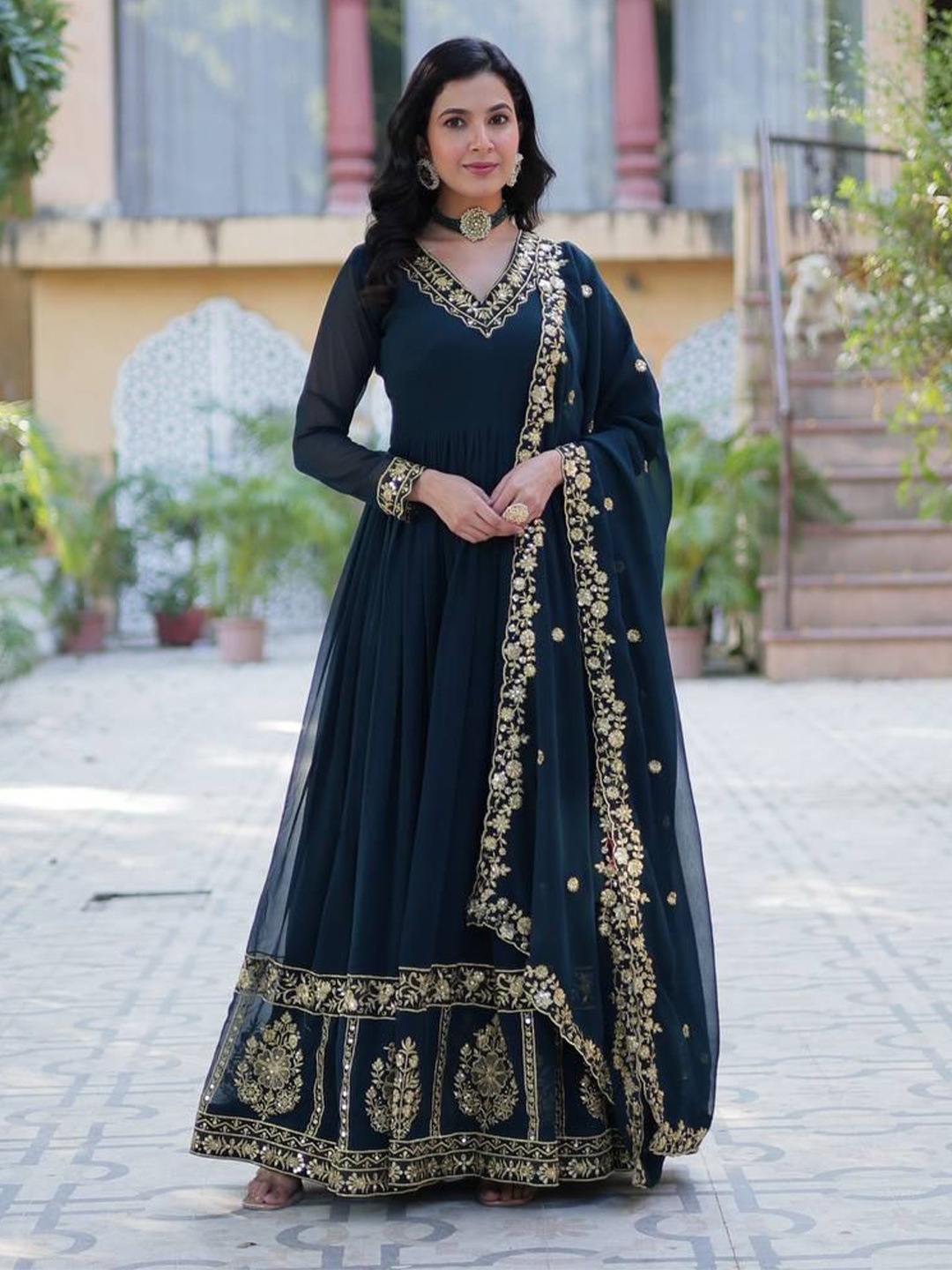 

ZIBLON Women Embellished Georgette Gown Maxi Dress With Embroidered Dupatta, Teal