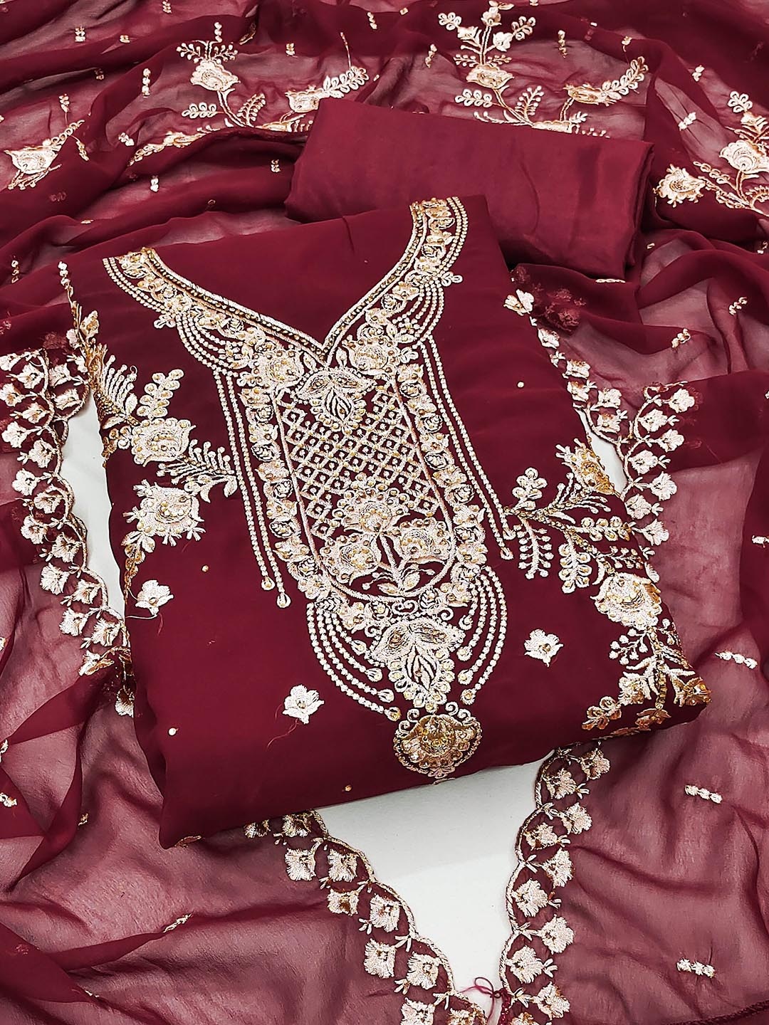 

SHADOW & SAINING Floral Embroidered Thread Work Silk Georgette Unstitched Dress Material, Maroon