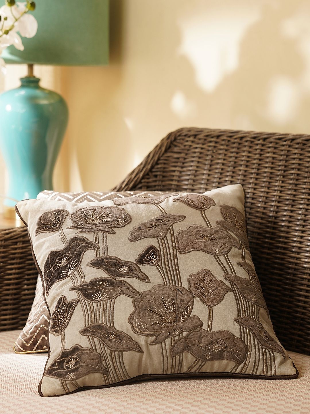 

Pure Home and Living Brown & Beige Floral Embroidered Cotton Square Cushion Cover