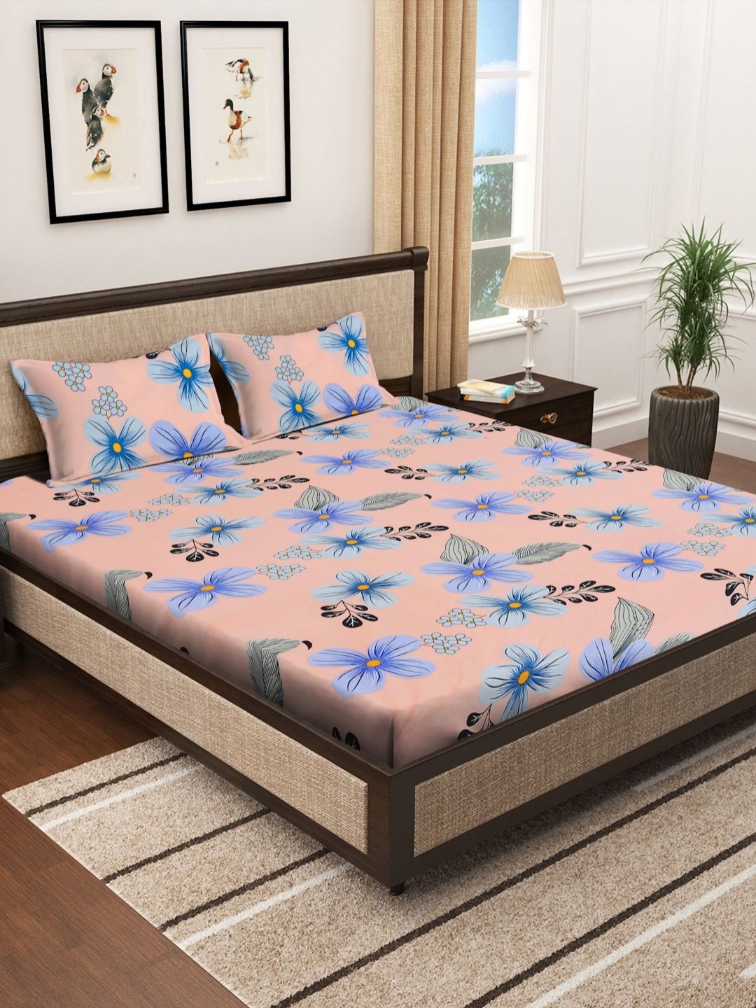 

Myntra Elegant Homes Pink & Blue Printed Fitted 300 TC King Bedsheet Set 2.70 m X 2.70 m