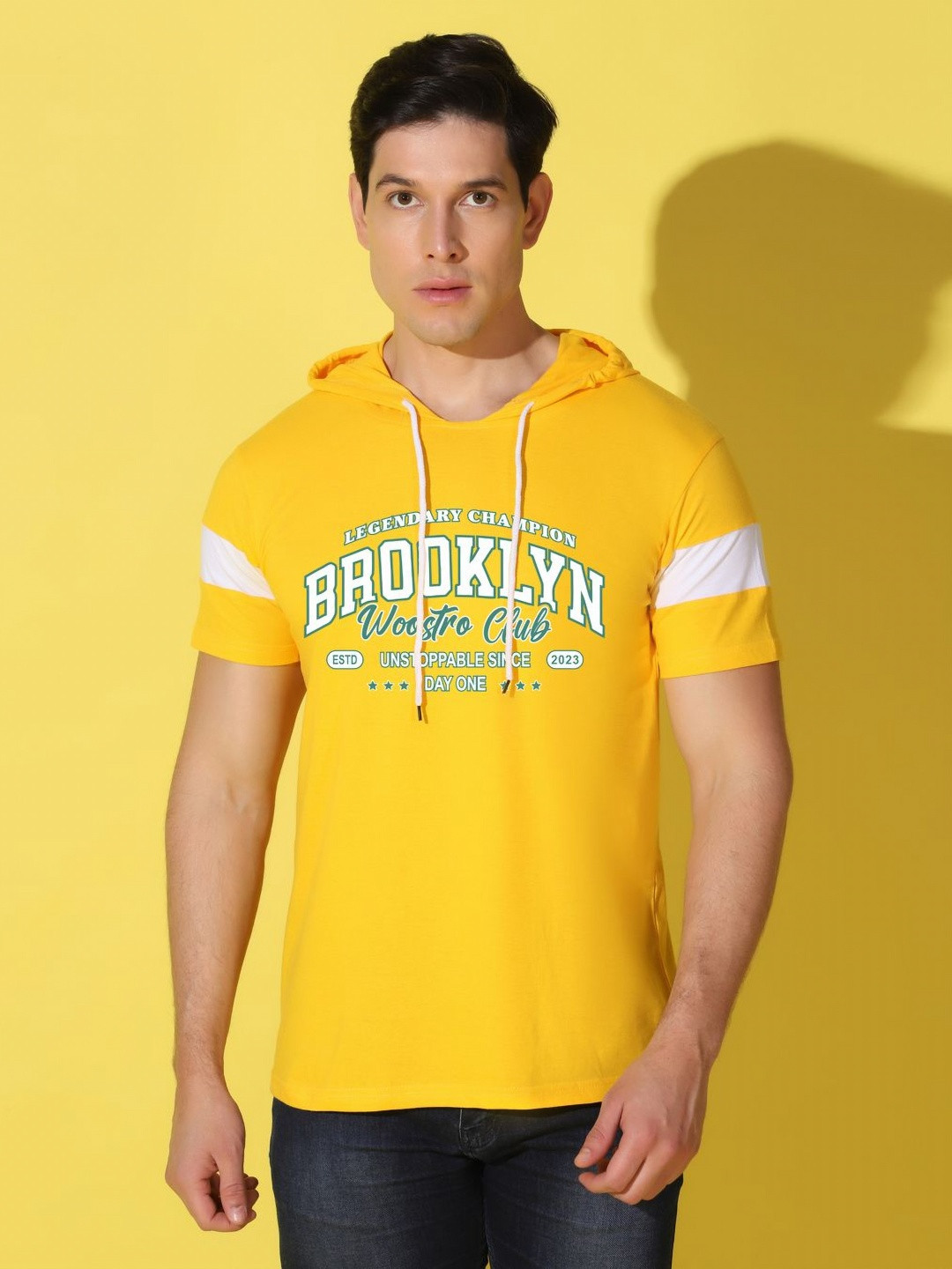 

WOOSTRO Men Typography Printed Hooded Slim Fit T-shirt, Yellow