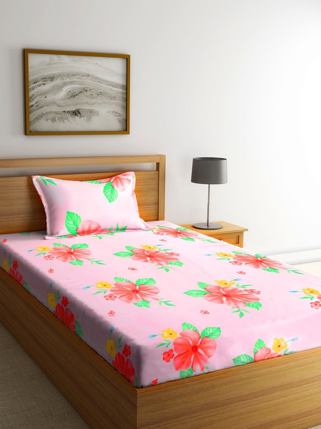 

Myntra Elegant Homes Pink Printed Fitted 300 TC Single Bedsheet Set-2.20 m x 1.50 m