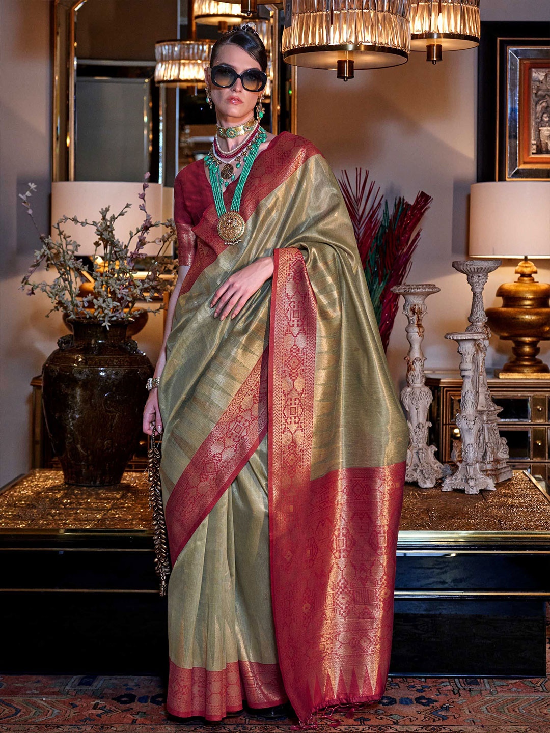 

Vardha Woven Design Zari Silk Blend Ikat Saree, Green