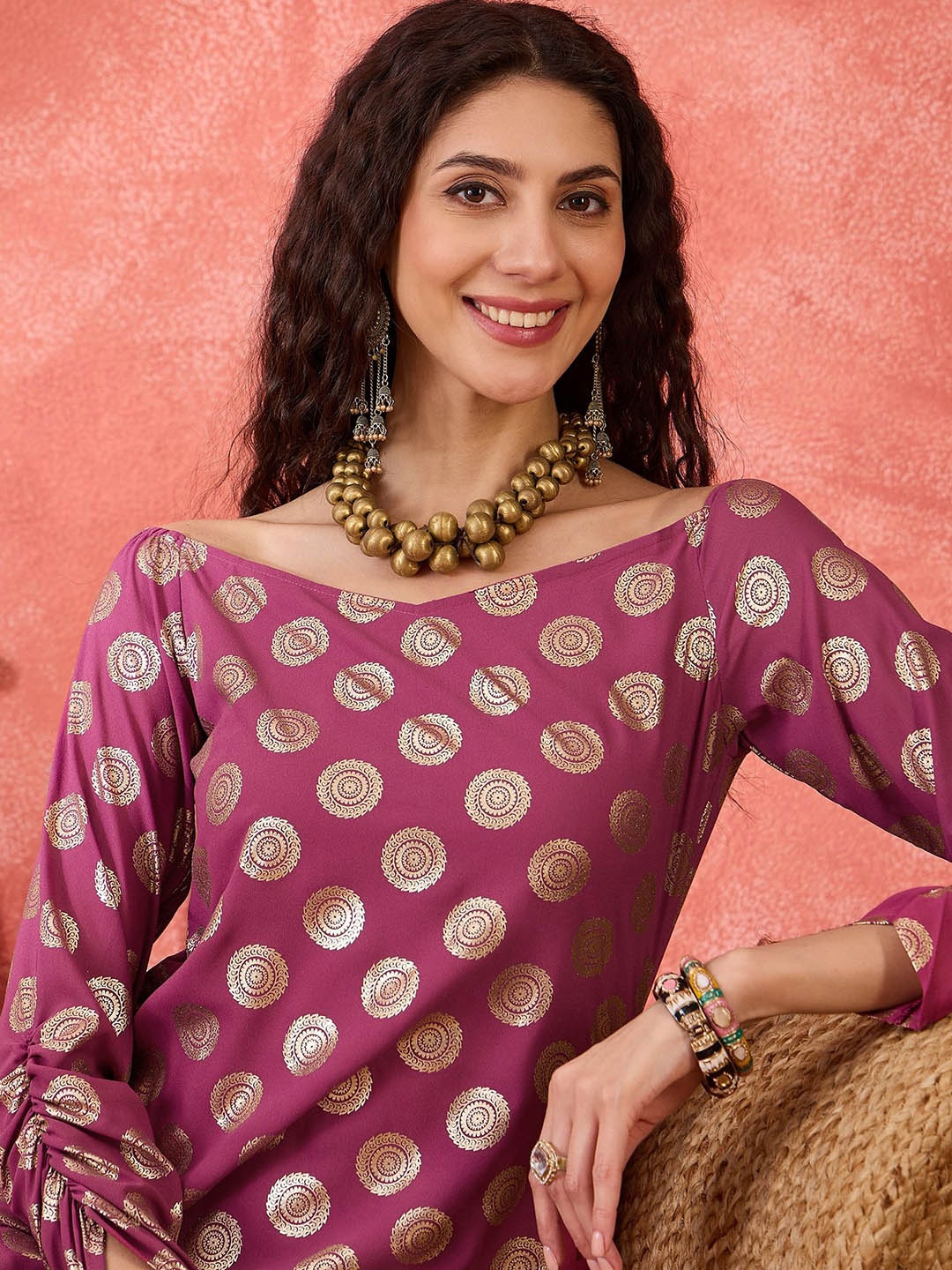 

Sangria Ethnic Motifs Printed Boat Neck Georgette Straight Kurta, Purple