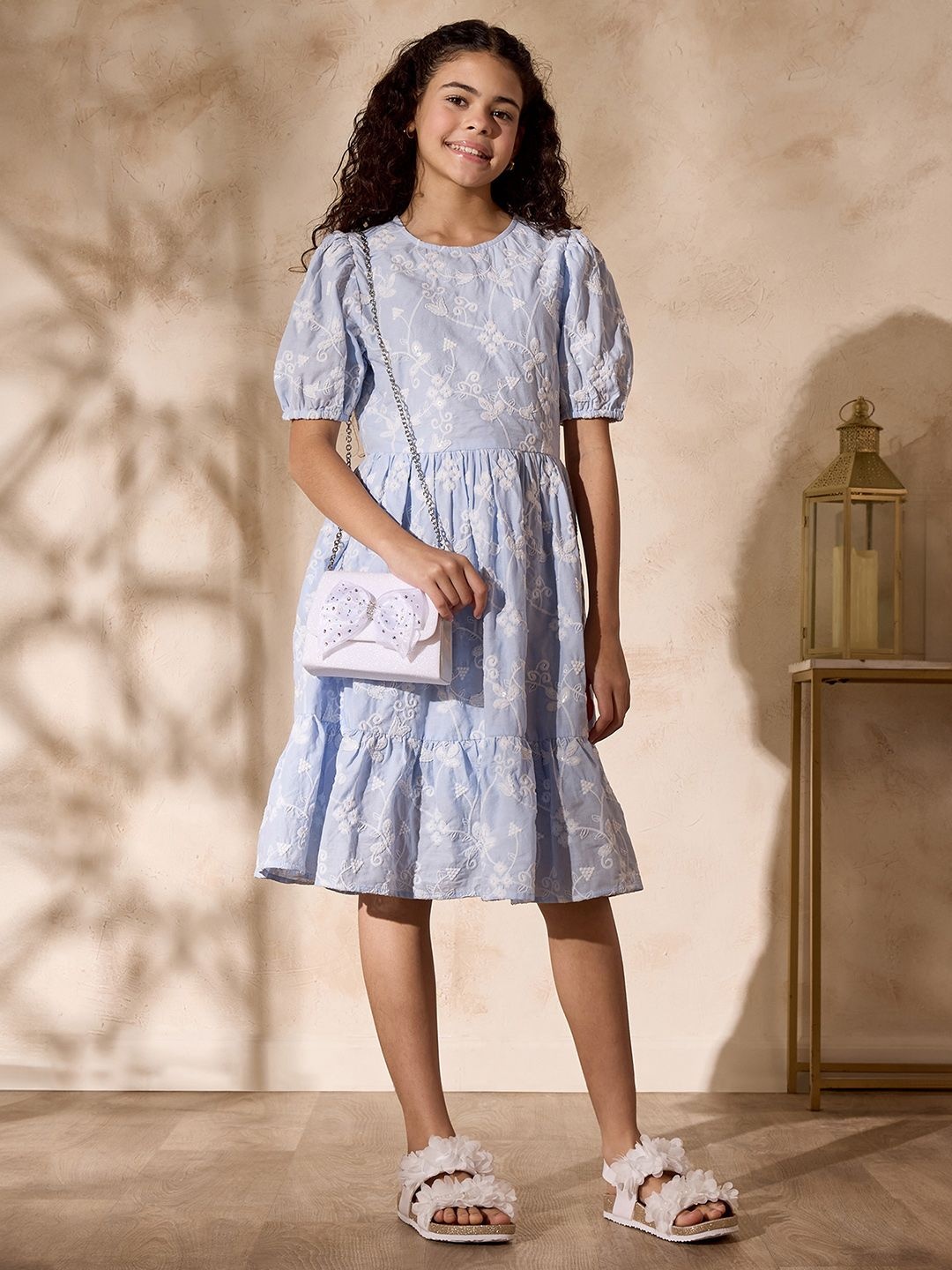 

max Girls Floral Embroidered Puff Sleeve Pure Cotton Fit & Flare Dress, Blue