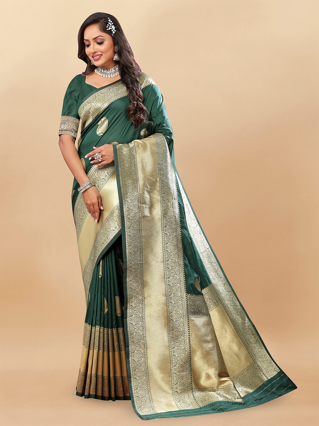 

VEECHIS Woven Design Zari Silk Blend Banarasi Saree, Green