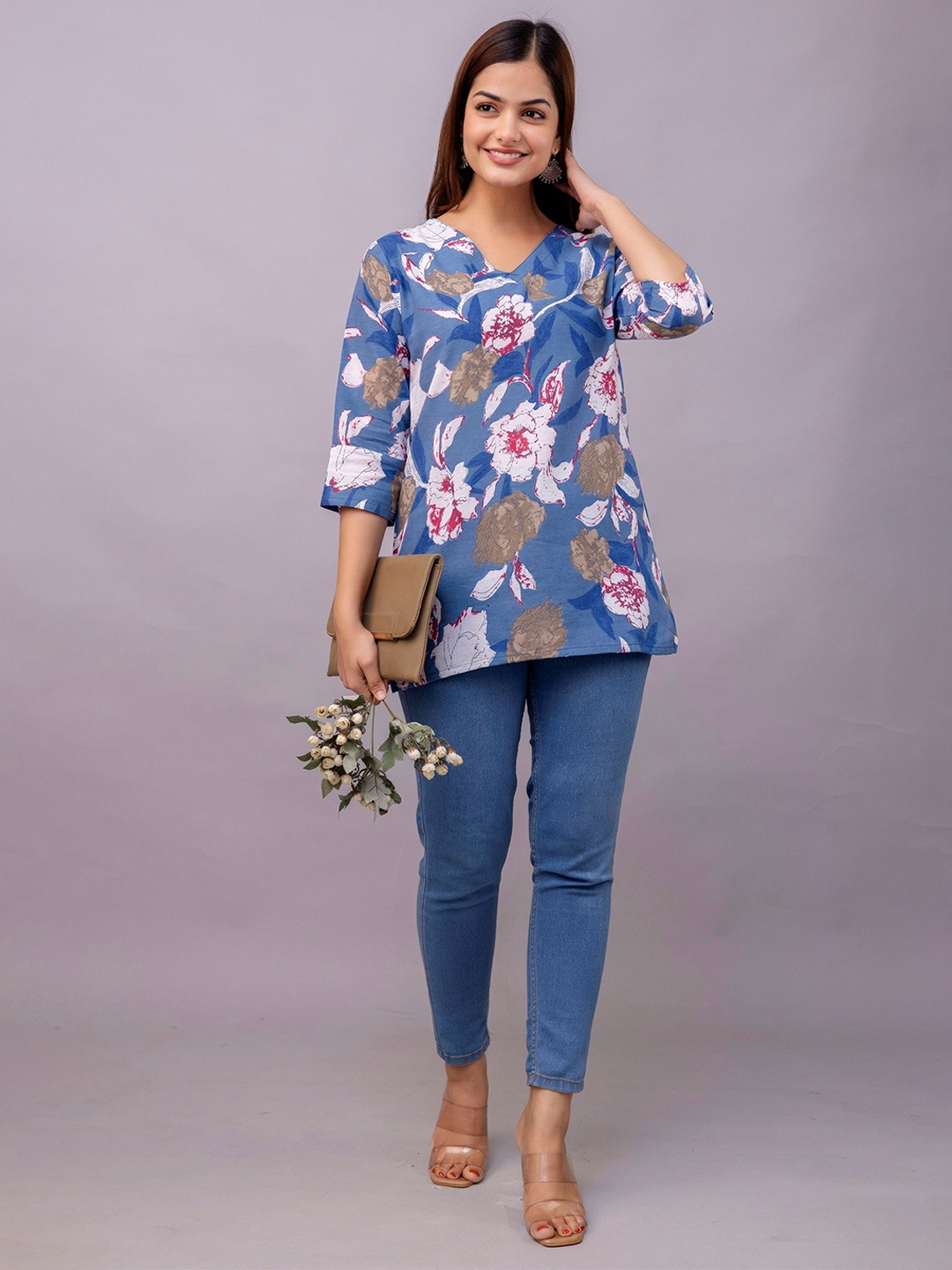 

Mialo fashion Women Floral Printed V-Neck Pure Cotton Kurti, Blue