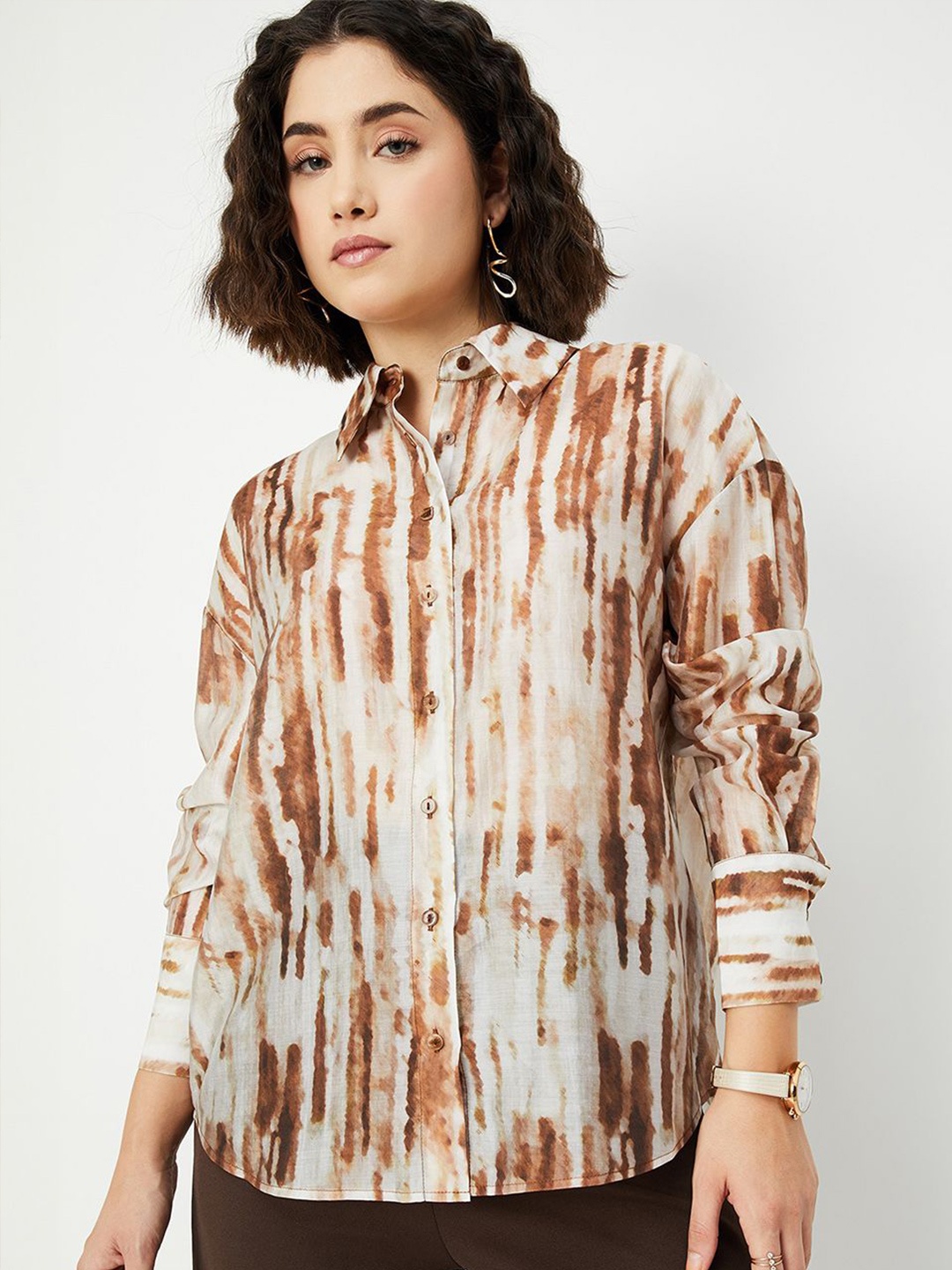 

max Women Tie and Dye Spread Collar Long Sleeves Shirt, Beige