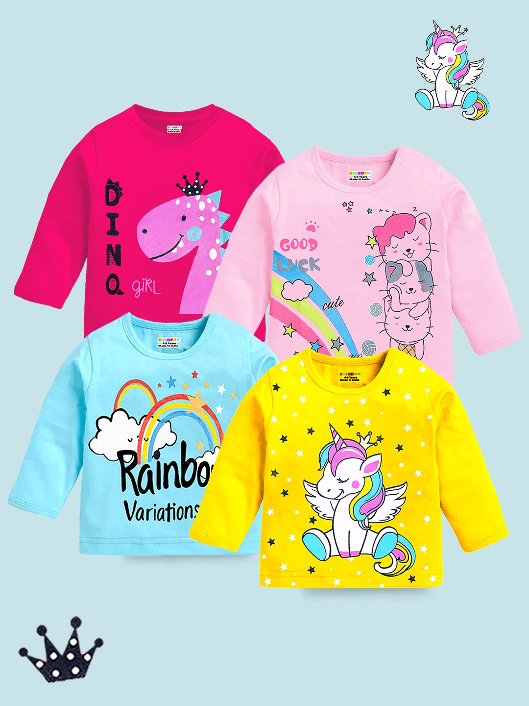 

KUCHIPOO Girls 4 Printed Applique T-shirt, Multi