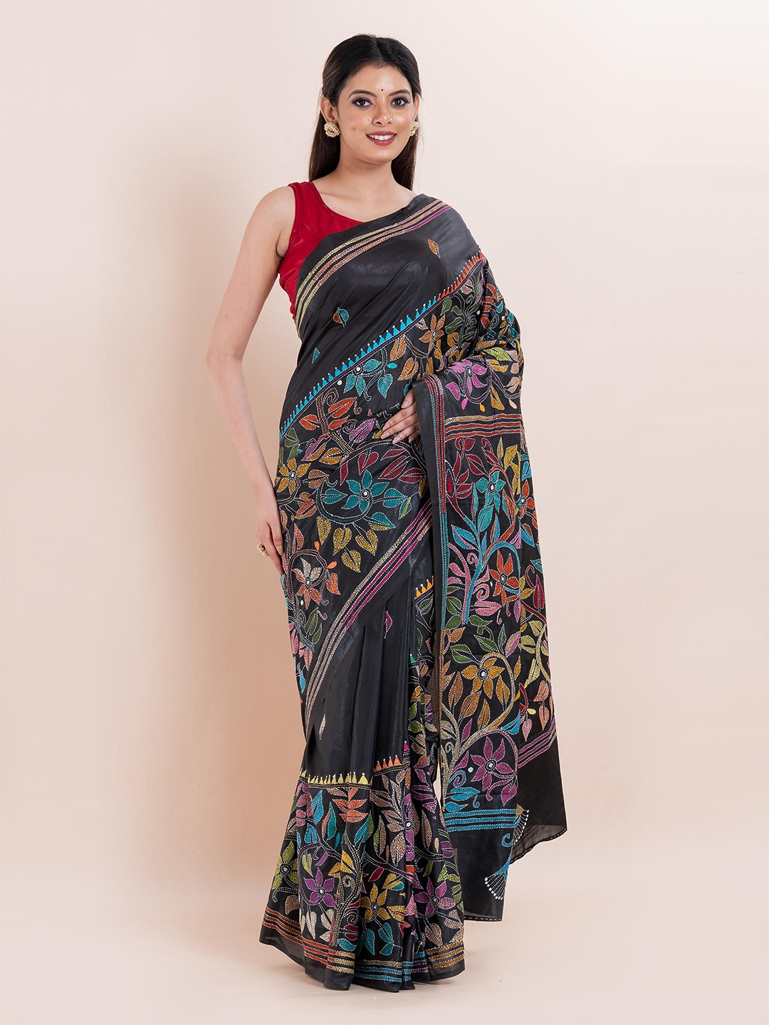 

PUKU Ethnic Motifs Embroidered Kantha Work Saree, Black